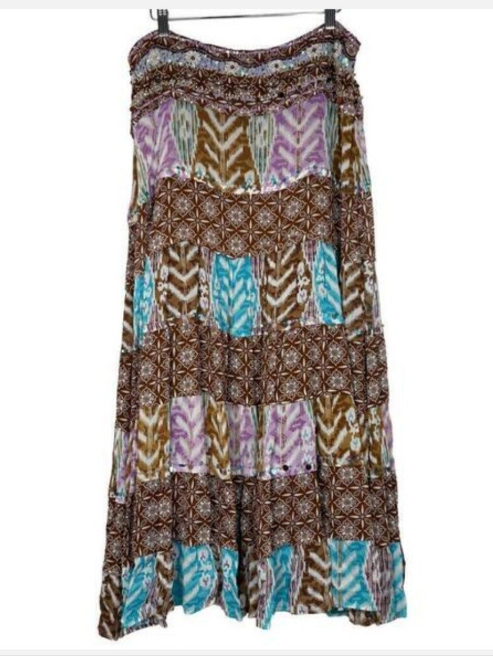 Haven Bleu Size: L Ikat Tie Dye Mixed Print Beaded Boho Maxi Skirt